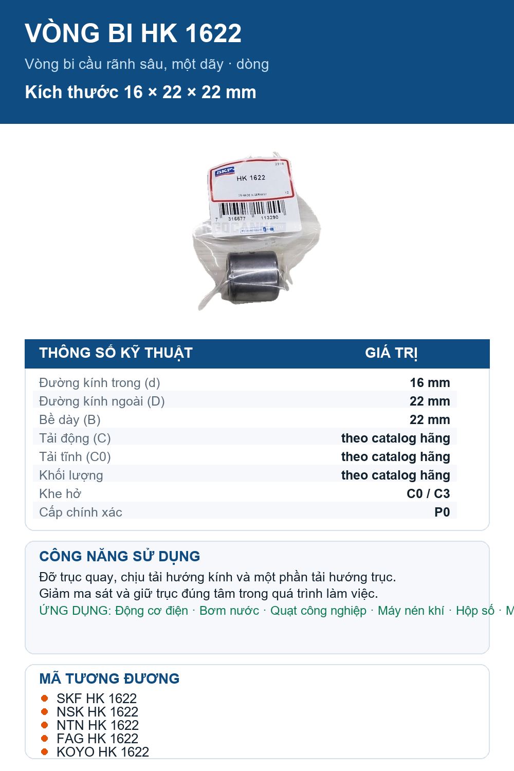 Vòng bi SKF HK 1622 16x22x22mm — Ảnh thông số (Pinterest)