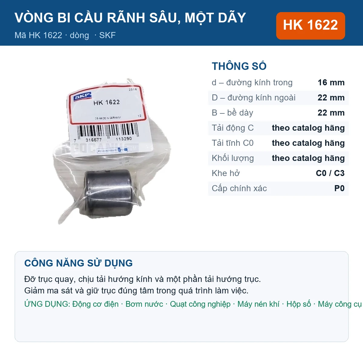 Vòng bi SKF HK 1622 — kích thước 16x22x22mm