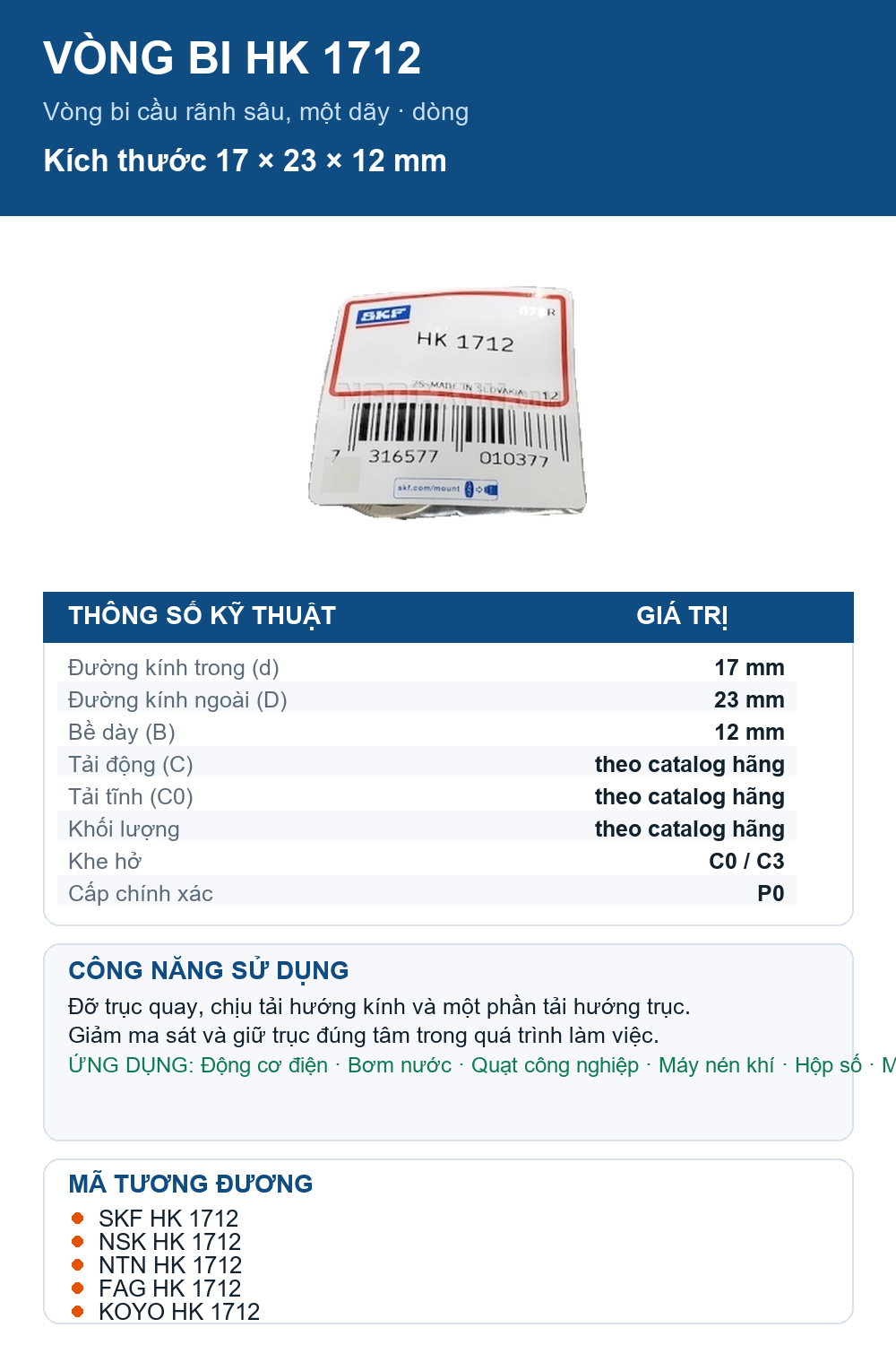 Vòng bi SKF HK 1712 17x23x12mm — Ảnh thông số (Pinterest)