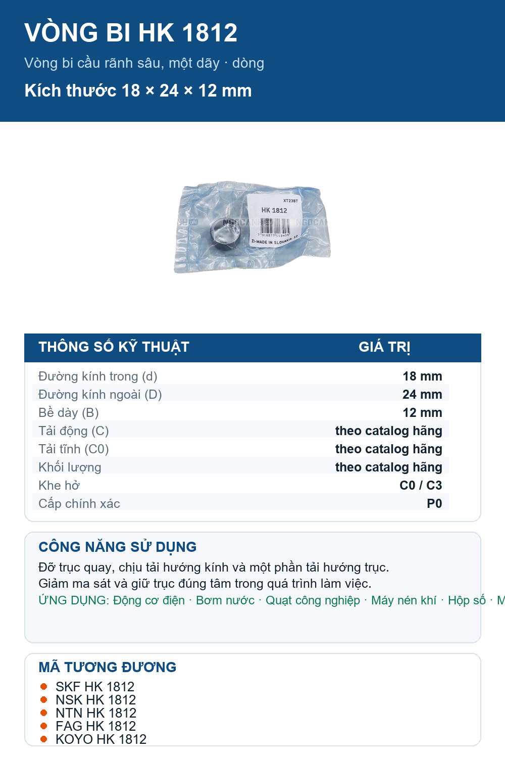 Vòng bi SKF HK 1812 18x24x12mm — Ảnh thông số (Pinterest)