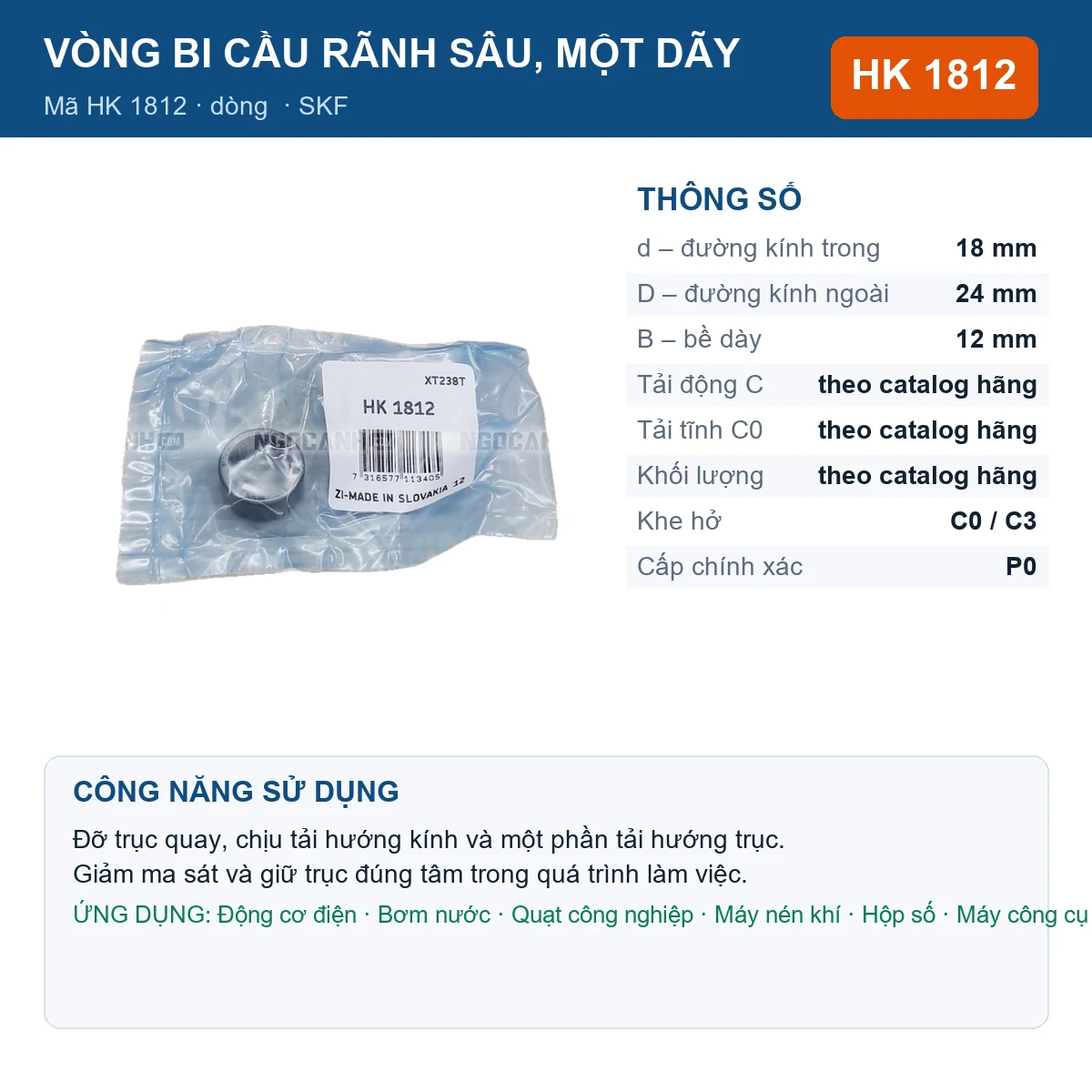 Vòng bi SKF HK 1812 18x24x12mm — Ảnh đăng sản phẩm (web)