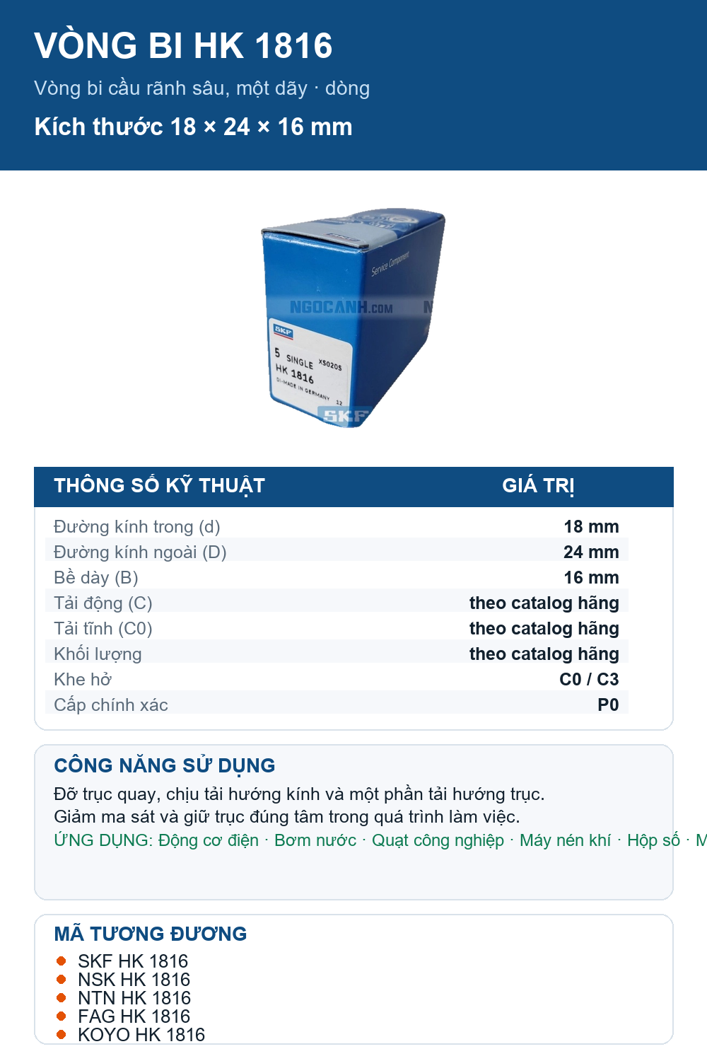 Vòng bi SKF HK 1816 18x24x16mm — Ảnh thông số (Pinterest)
