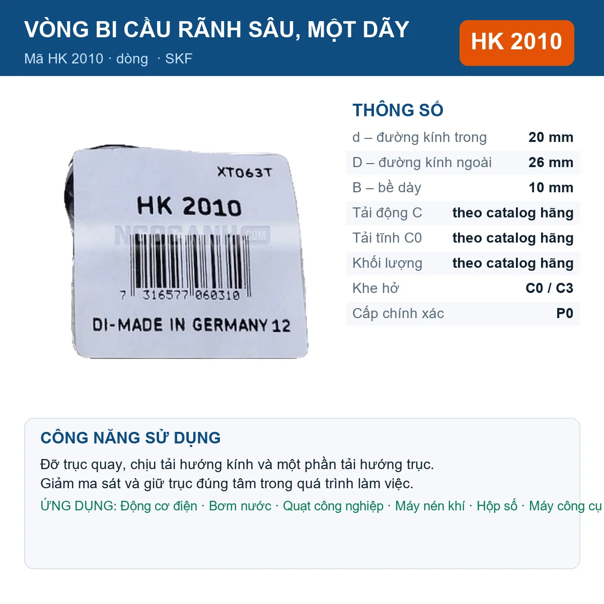 Vòng bi SKF HK 2010 — kích thước 20x26x10mm