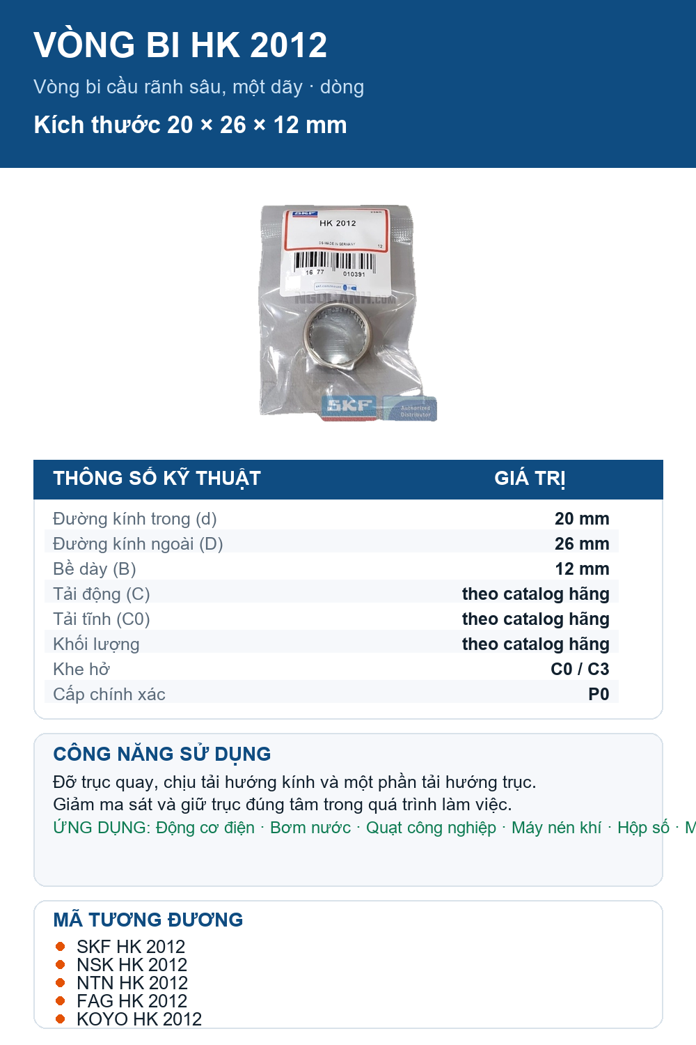 Vòng bi SKF HK 2012 20x26x12mm — Ảnh thông số (Pinterest)