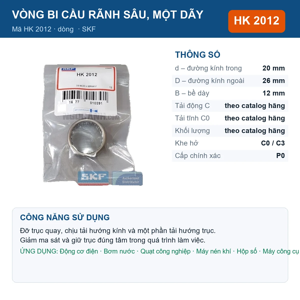 Vòng bi SKF HK 2012 — kích thước 20x26x12mm