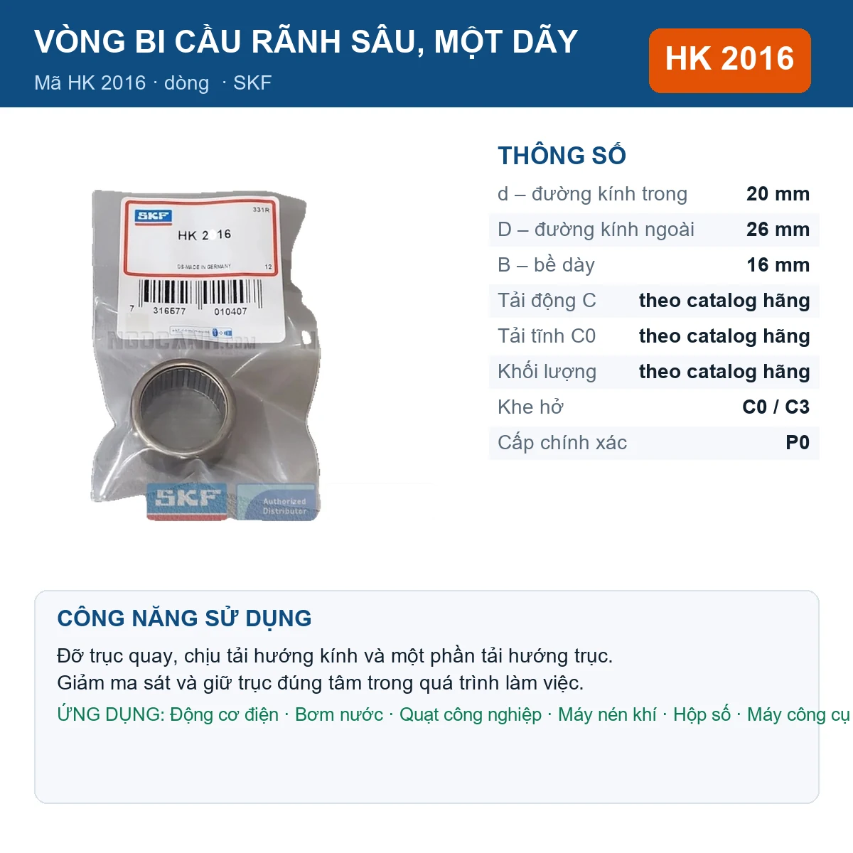 Vòng bi SKF HK 2016 — kích thước 20x26x16mm