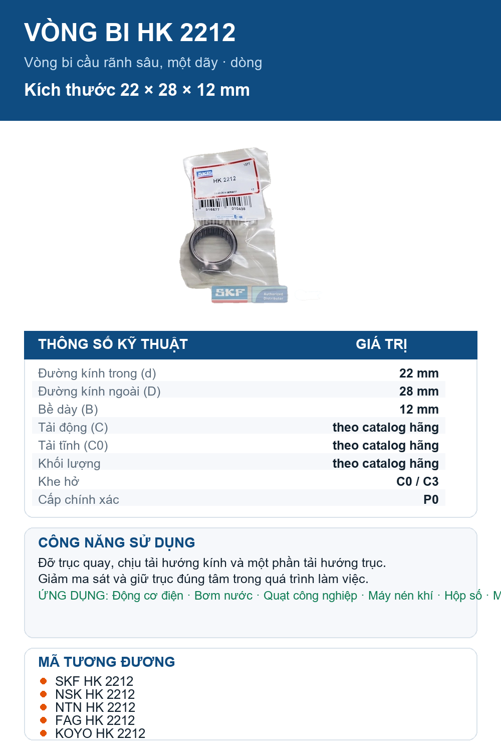 Vòng bi SKF HK 2212 22x28x12mm — Ảnh thông số (Pinterest)