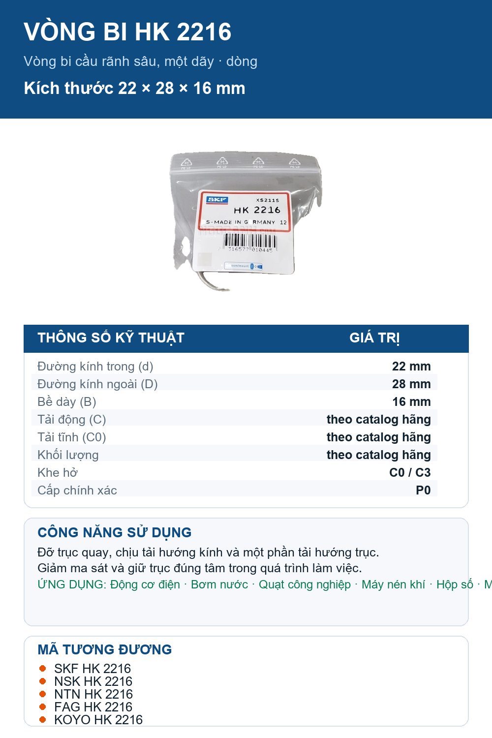 Vòng bi SKF HK 2216 22x28x16mm — Ảnh thông số (Pinterest)