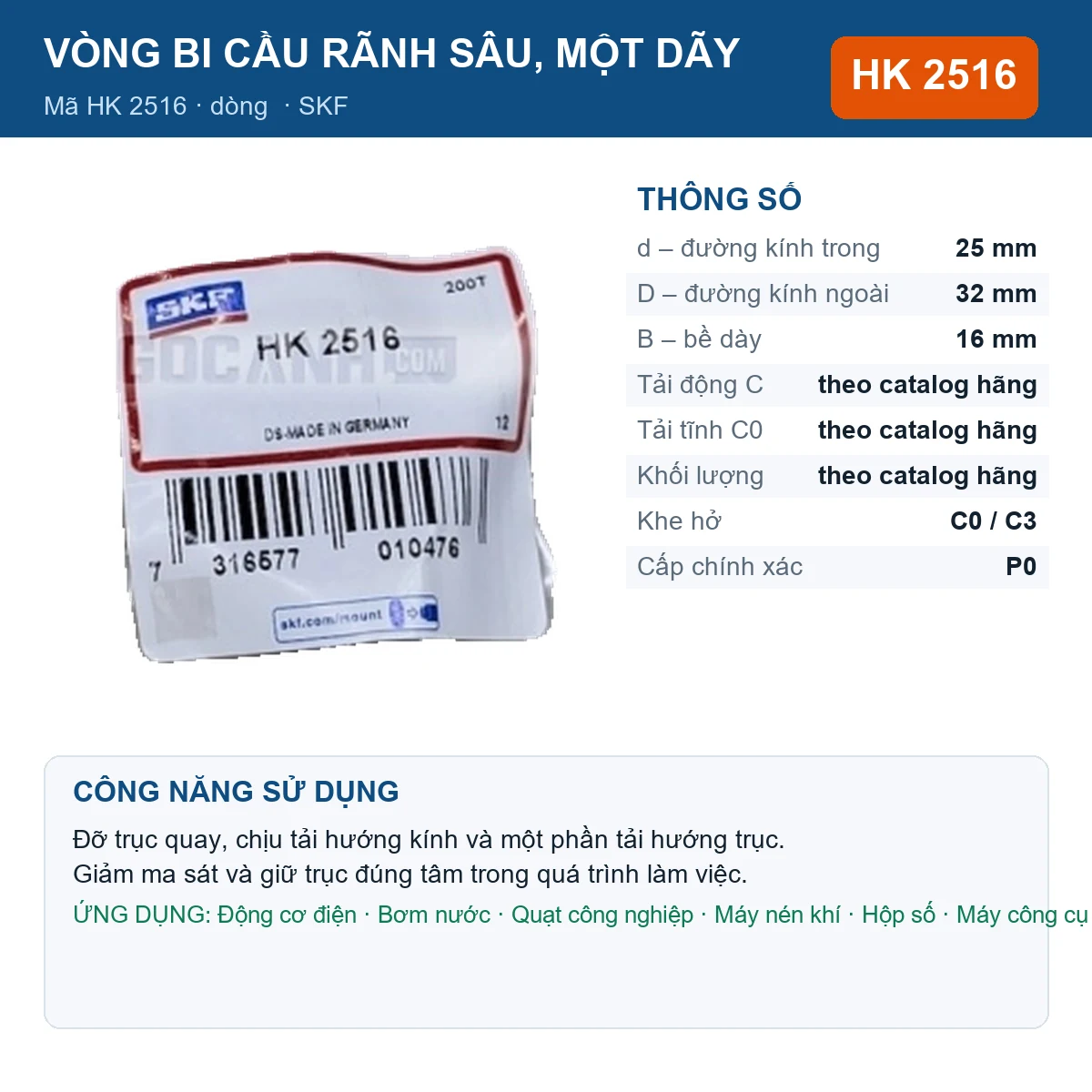 Vòng bi SKF HK 2516 — kích thước 25x32x16mm