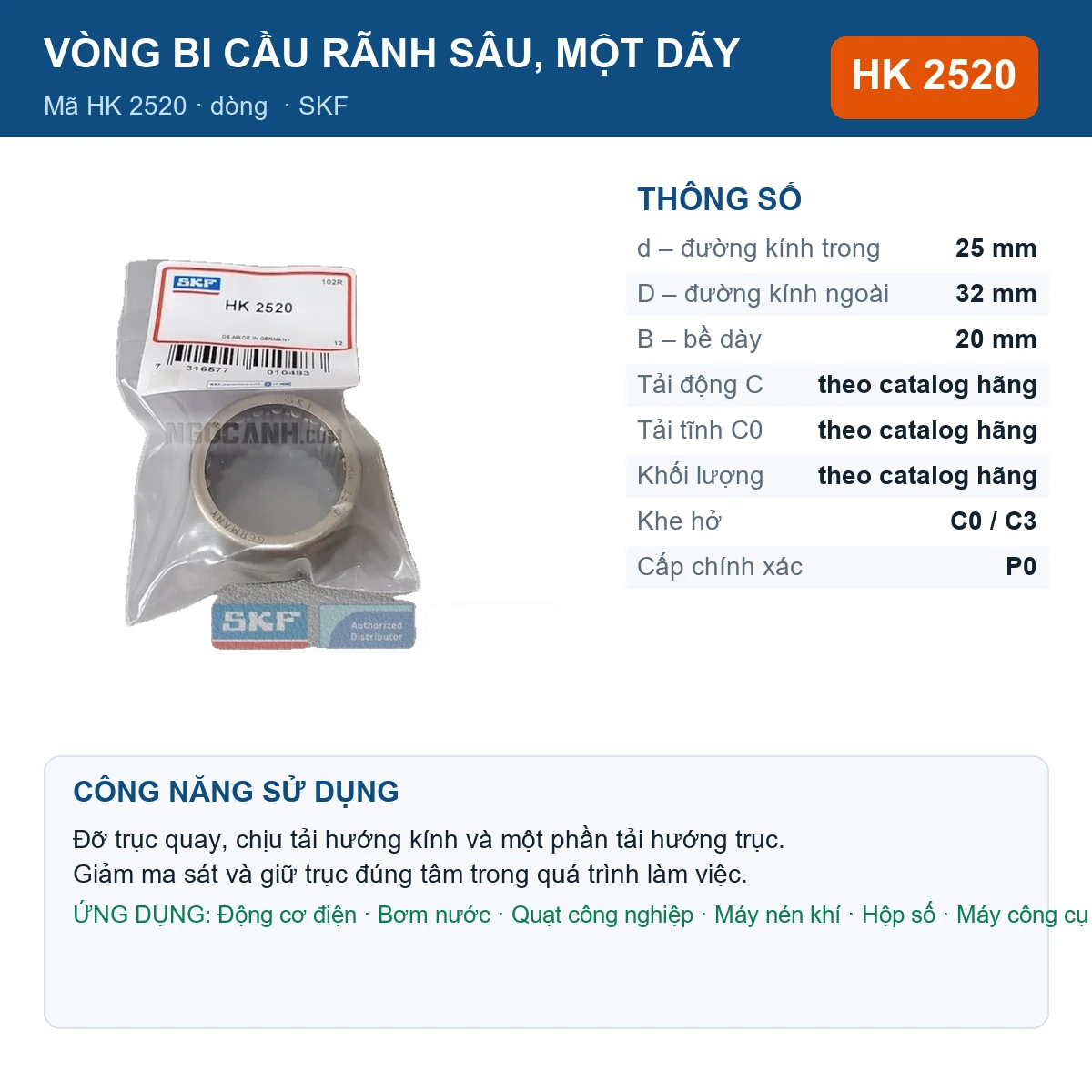 Vòng bi SKF HK 2520 — kích thước 25x32x20mm