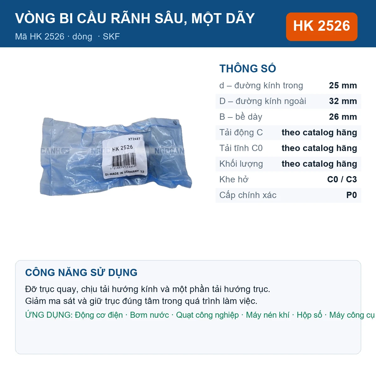 Vòng bi SKF HK 2526 — kích thước 25x32x26mm