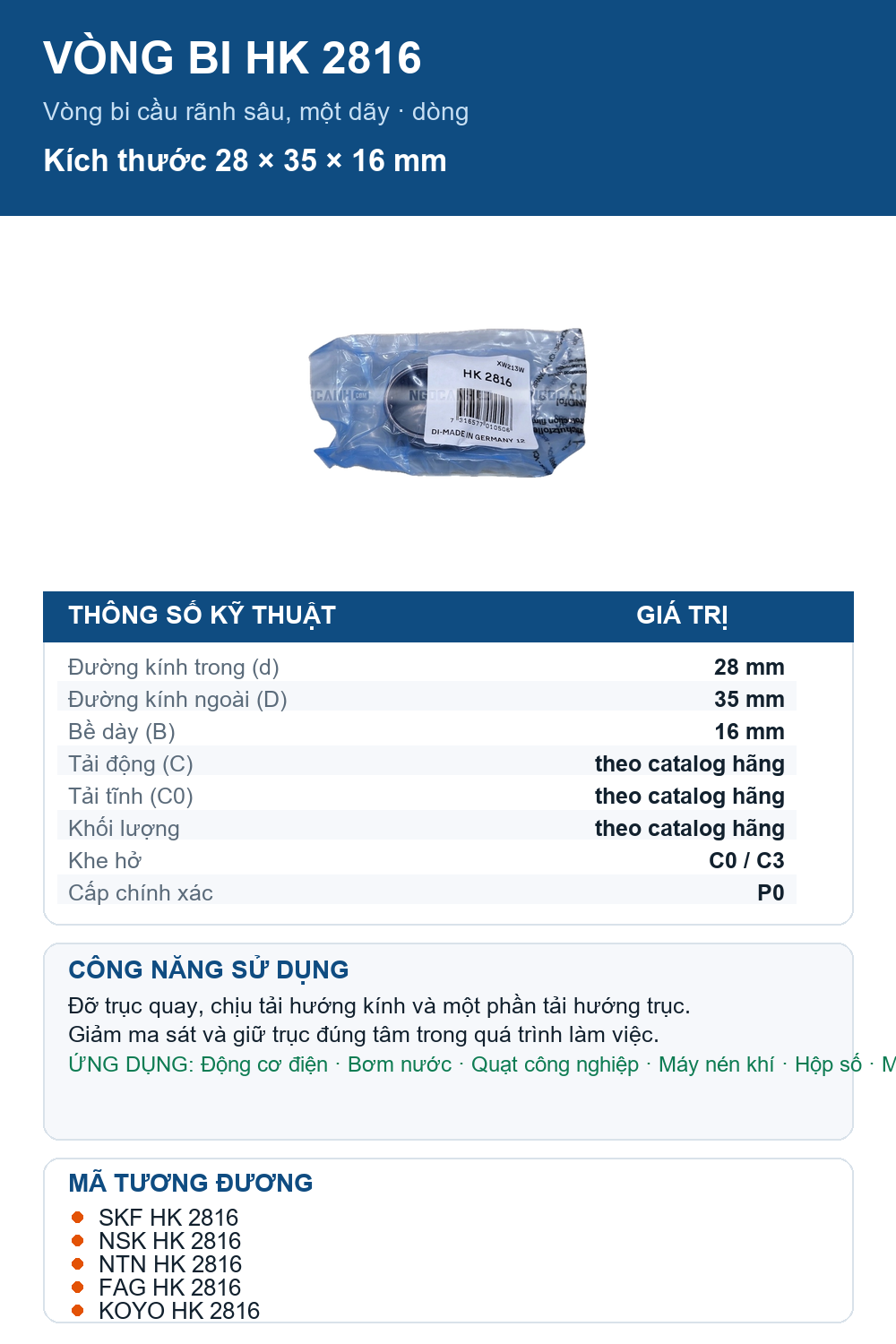 Vòng bi SKF HK 2816 28x35x16mm — Ảnh thông số (Pinterest)
