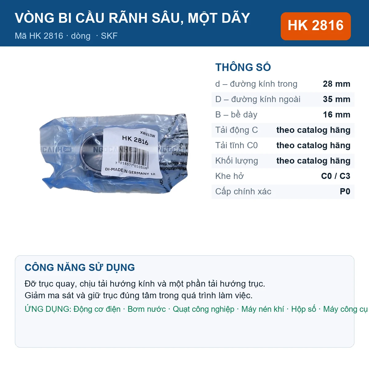Vòng bi SKF HK 2816 28x35x16mm — Ảnh đăng sản phẩm (web)