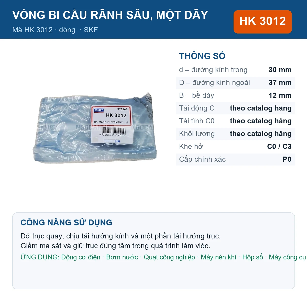 Vòng bi SKF HK 3012 — kích thước 30x37x12mm