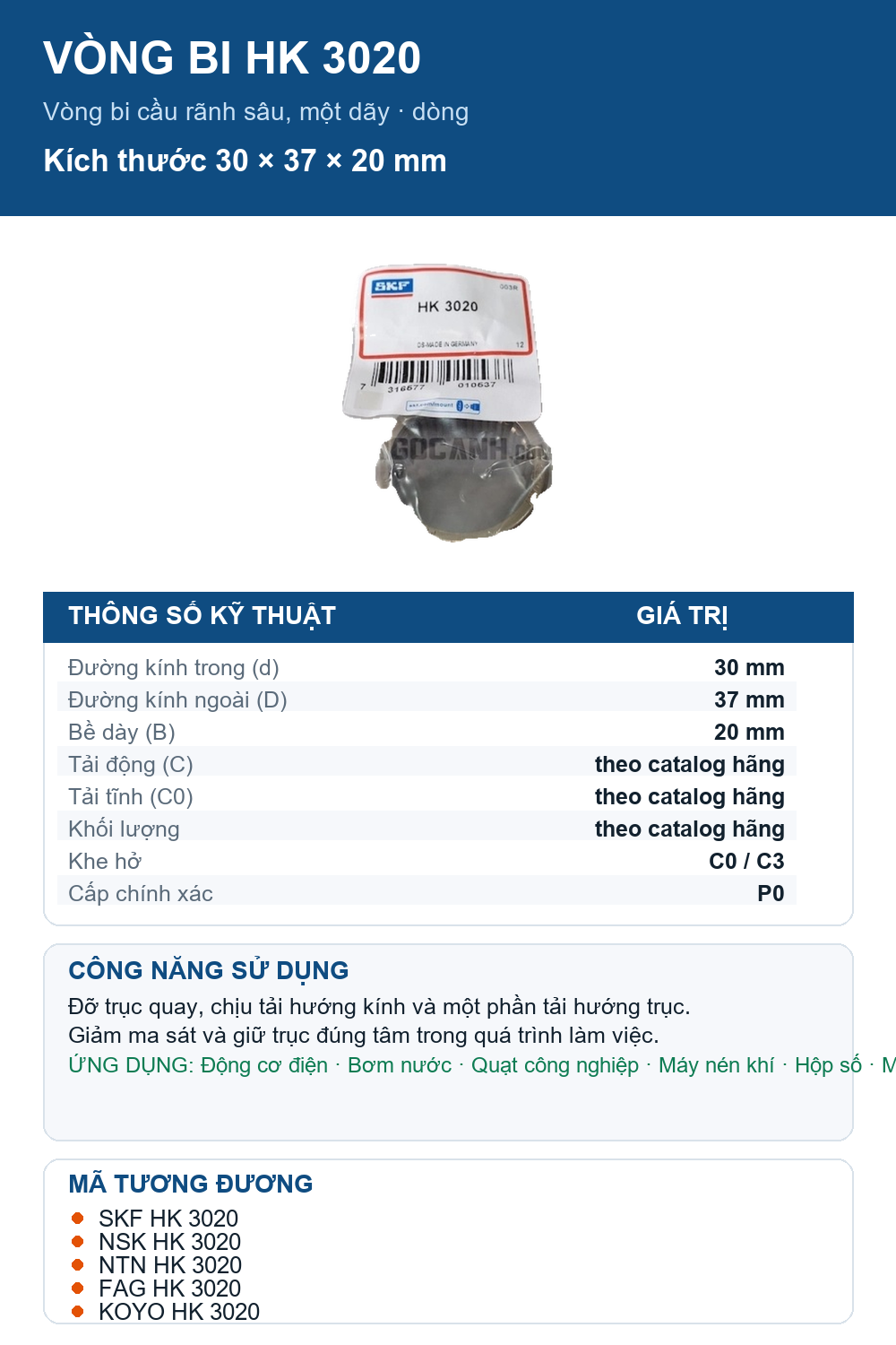 Vòng bi SKF HK 3020 30x37x20mm — Ảnh thông số (Pinterest)