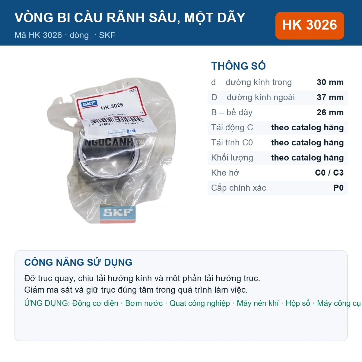 Vòng bi SKF HK 3026 — kích thước 30x37x26mm
