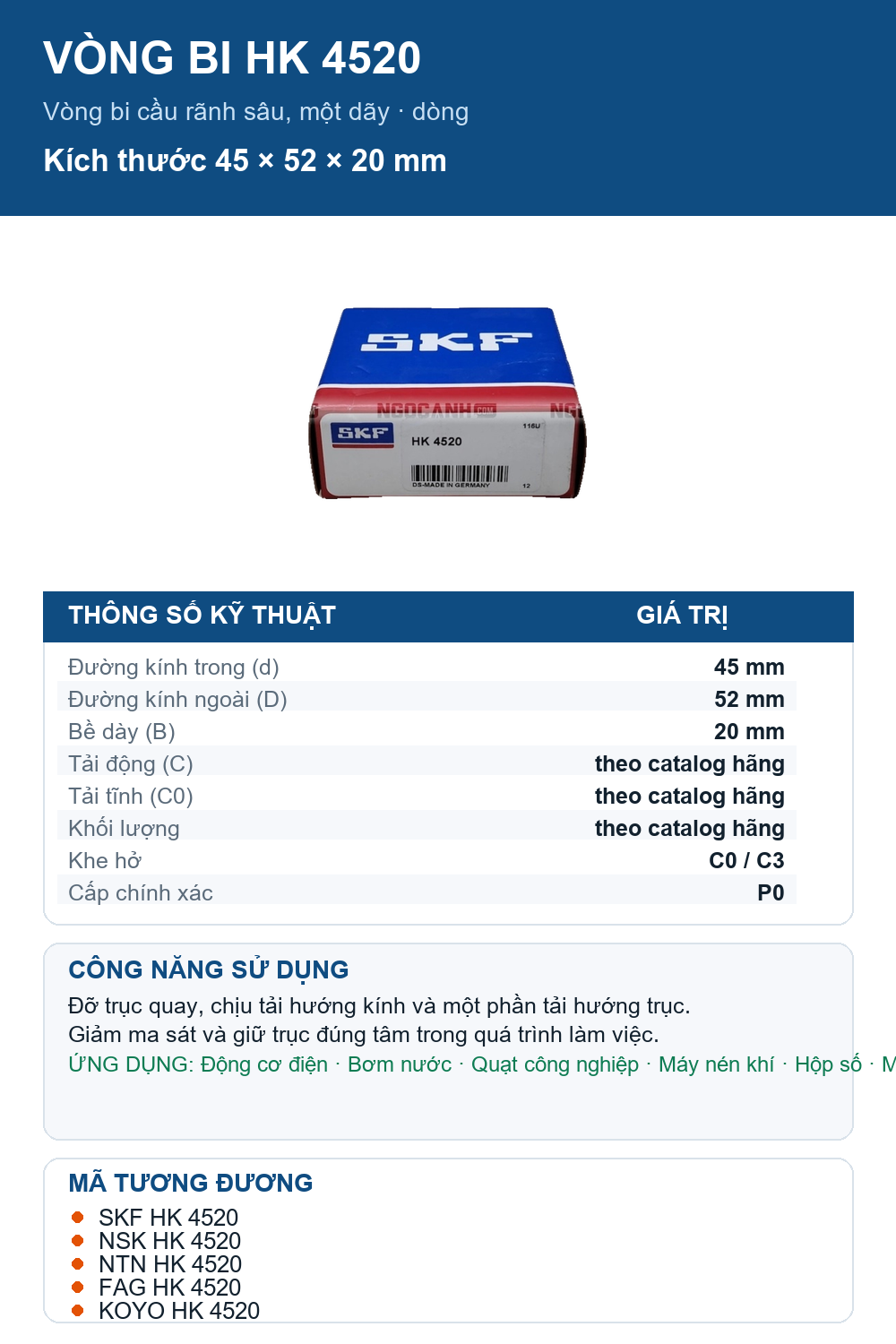 Vòng bi SKF HK 4520 45x52x20mm — Ảnh thông số (Pinterest)