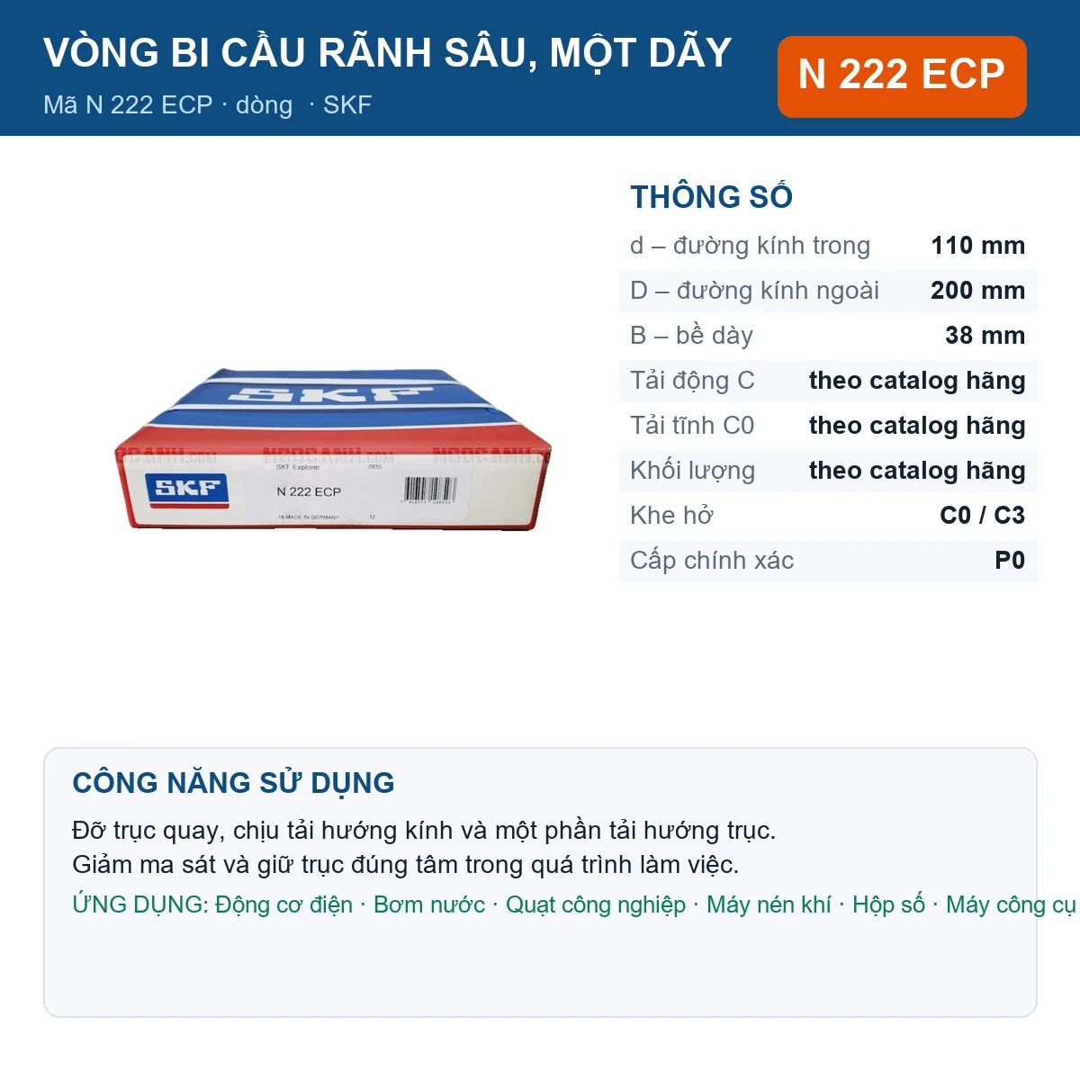 Vòng bi SKF N 222 ECP 110x200x38mm — Ảnh đăng sản phẩm (web)
