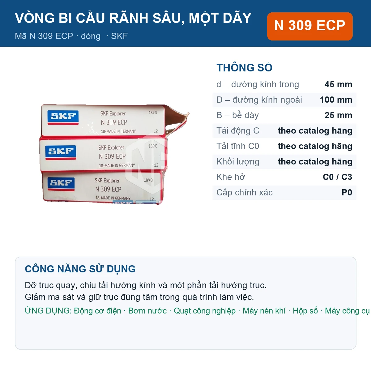 Vòng bi SKF N 309 ECP — kích thước 45x100x25mm