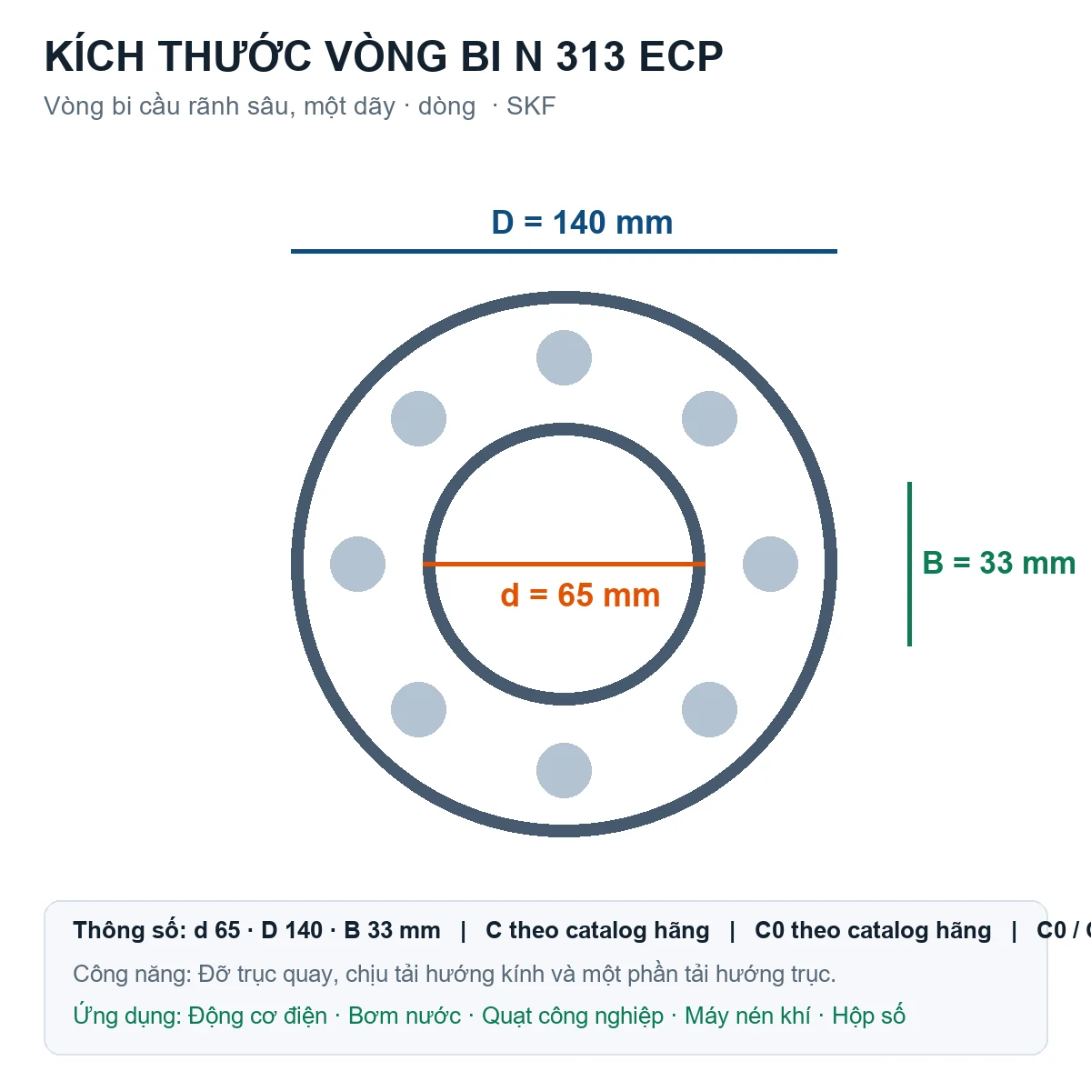 Vòng bi SKF N 313 ECP 65x140x33mm — Bản vẽ kích thước (Google Images)