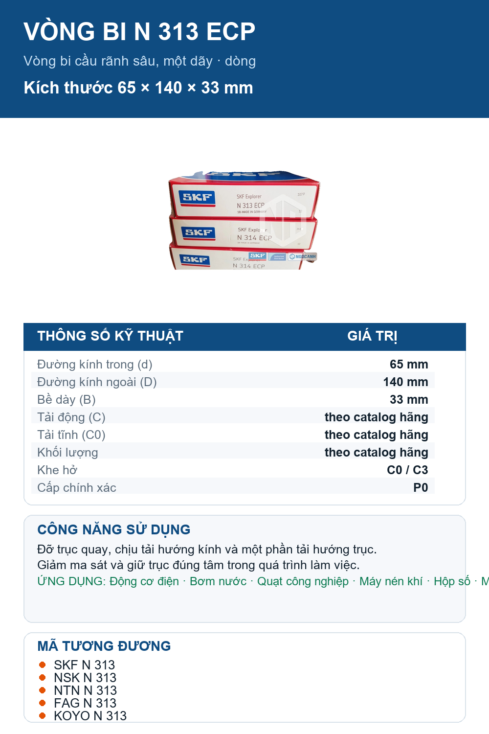 Vòng bi SKF N 313 ECP 65x140x33mm — Ảnh thông số (Pinterest)