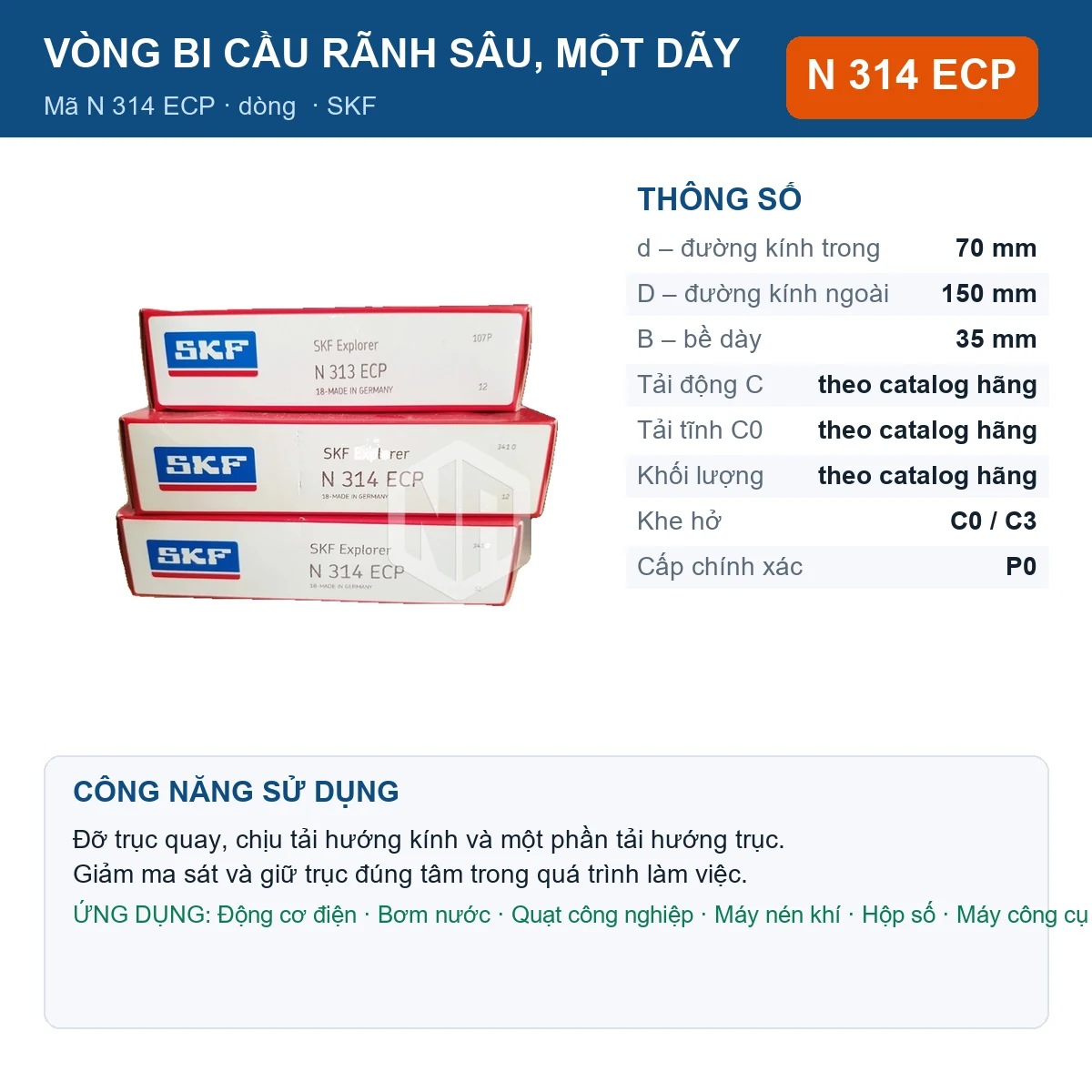 Vòng bi SKF N 314 ECP — kích thước 70x150x35mm