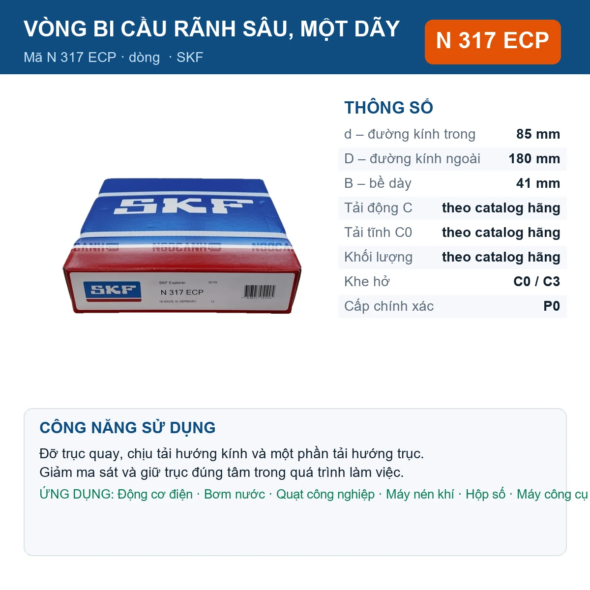 Vòng bi SKF N 317 ECP 85x180x41mm — Ảnh đăng sản phẩm (web)
