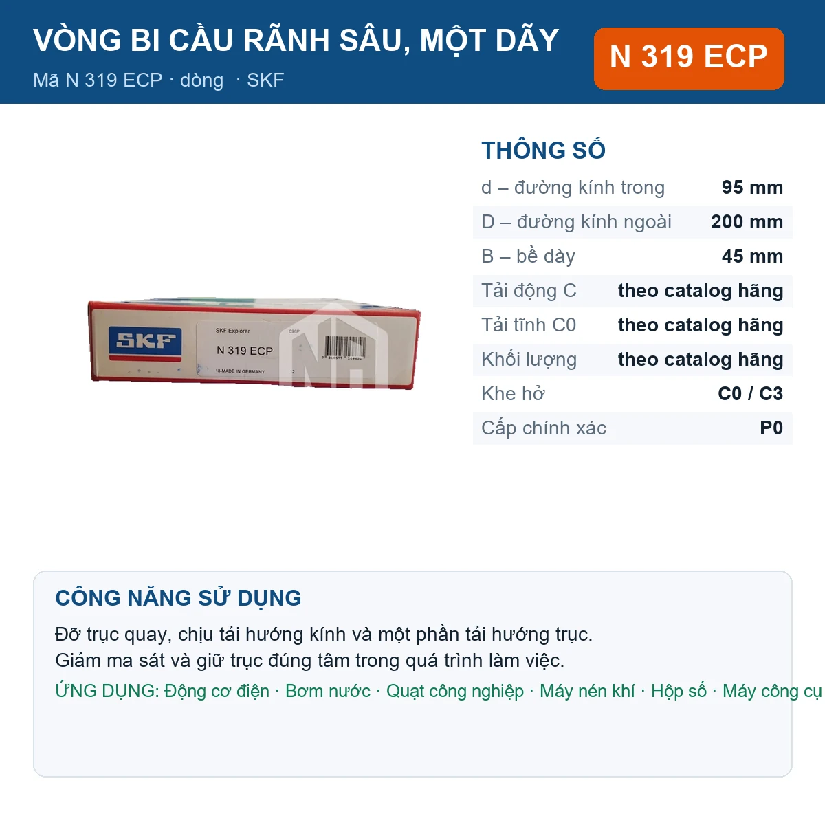 Vòng bi SKF N 319 ECP — kích thước 95x200x45mm