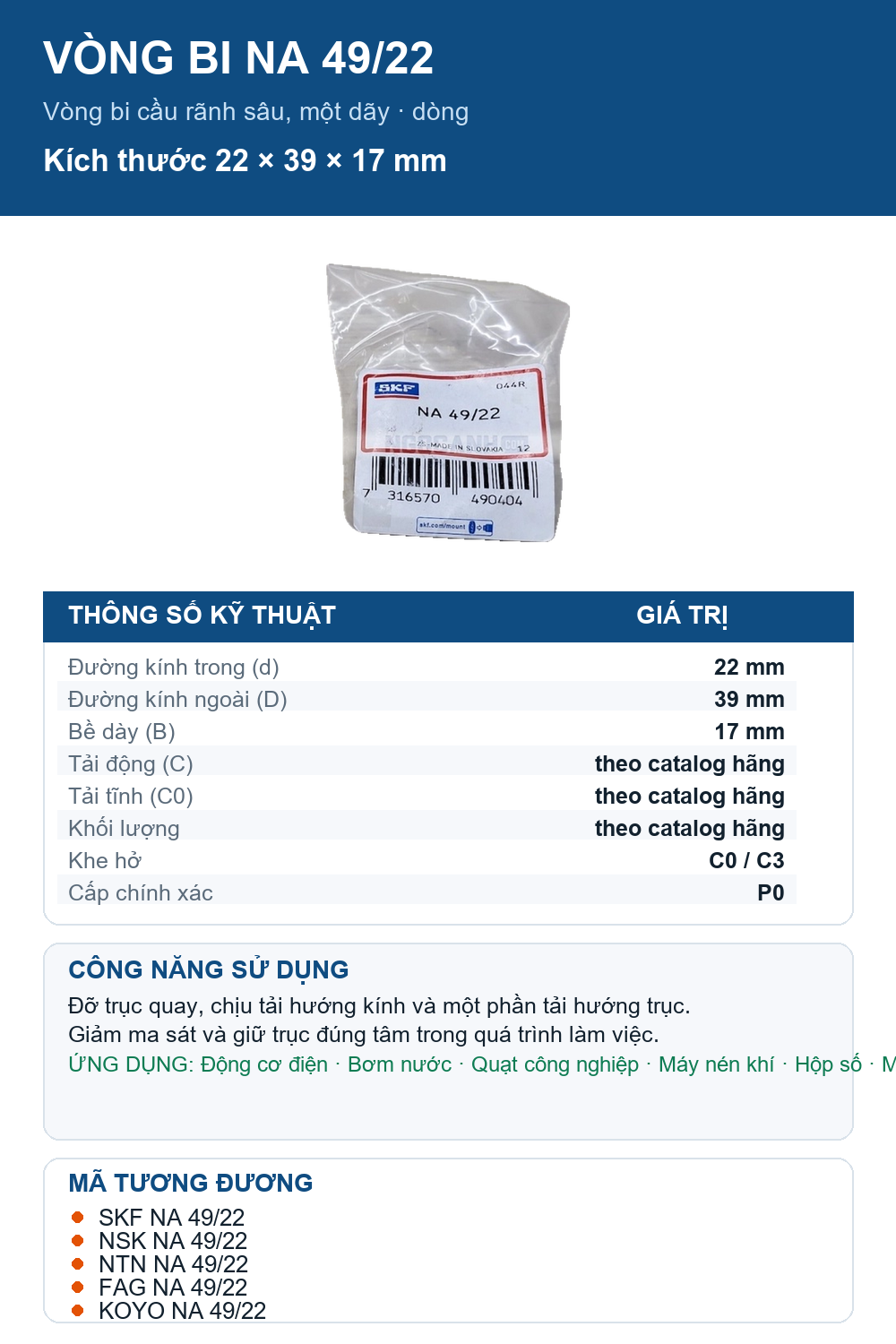 Vòng bi SKF NA 49/22 22x39x17mm — Ảnh thông số (Pinterest)