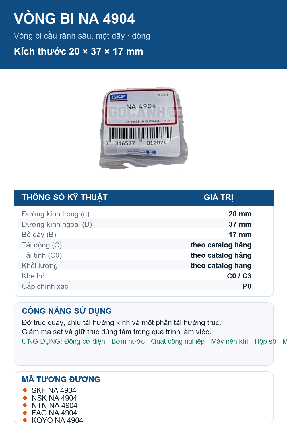 Vòng bi SKF NA 4904 20x37x17mm — Ảnh thông số (Pinterest)