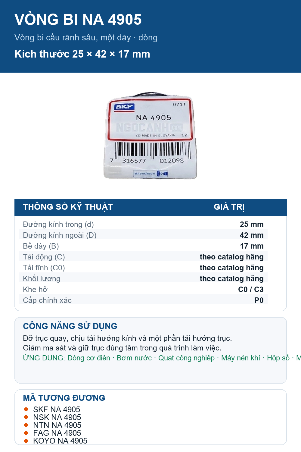 Vòng bi SKF NA 4905 25x42x17mm — Ảnh thông số (Pinterest)