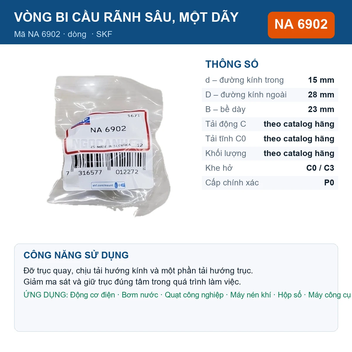 Vòng bi SKF NA 6902 — kích thước 15x28x23mm