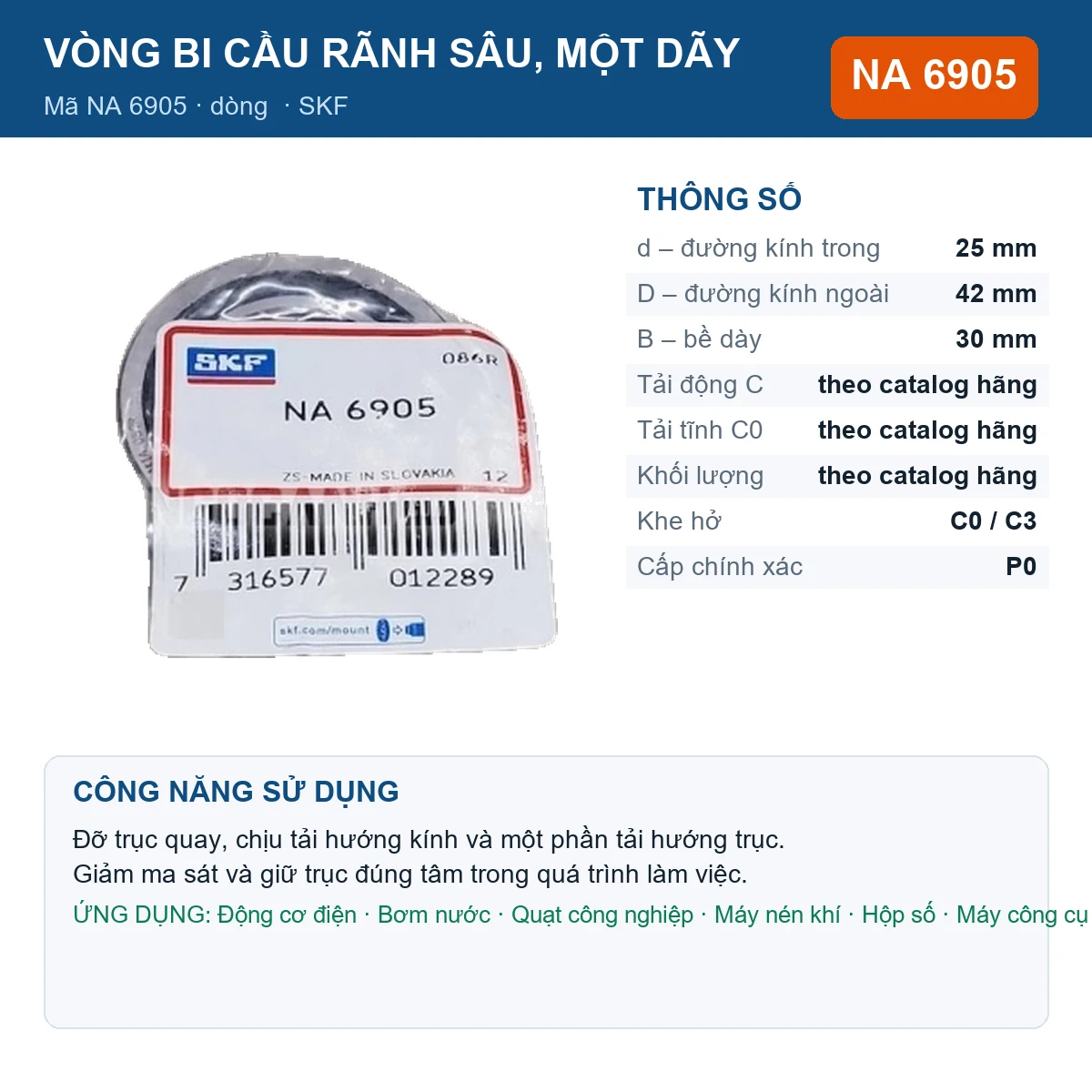 Vòng bi SKF NA 6905 — kích thước 25x42x30mm