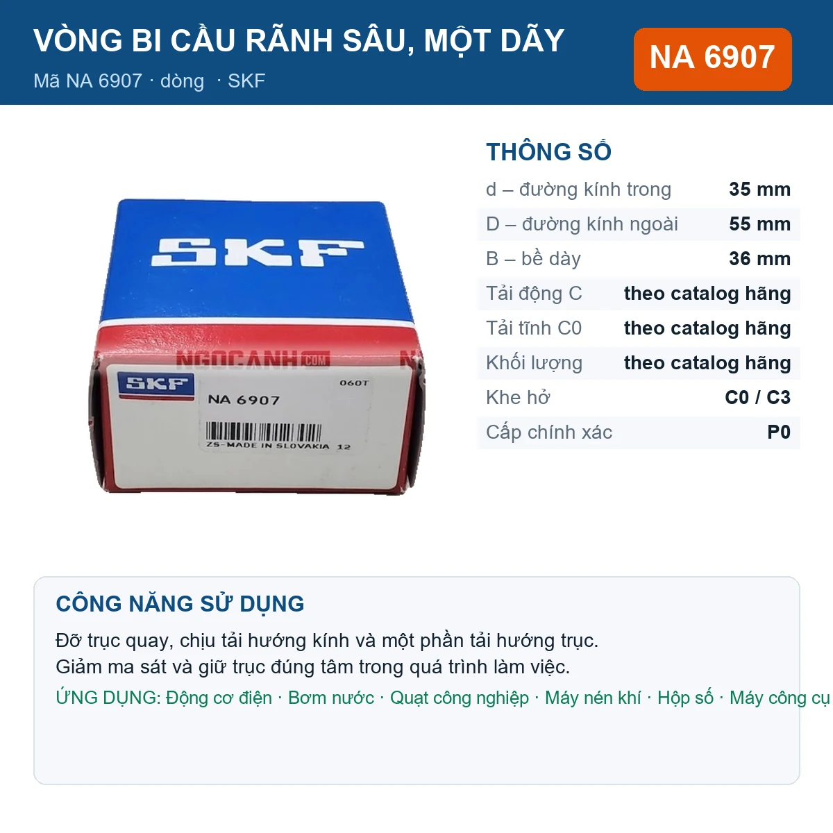 Vòng bi SKF NA 6907 — kích thước 35x55x36mm