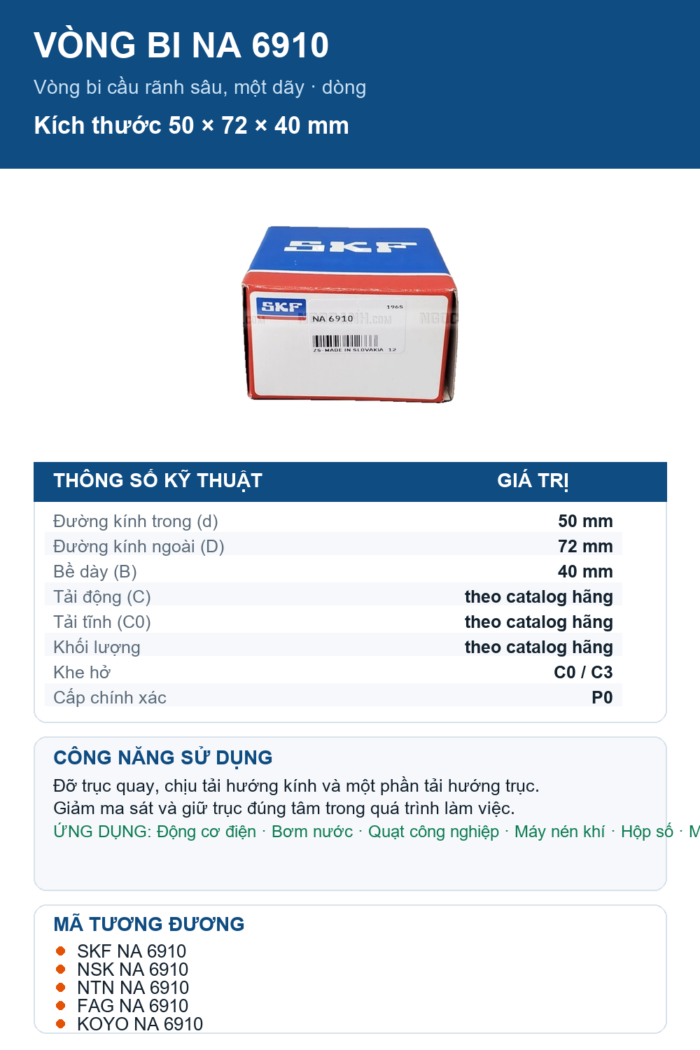 Vòng bi SKF NA 6910 50x72x40mm — Ảnh thông số (Pinterest)