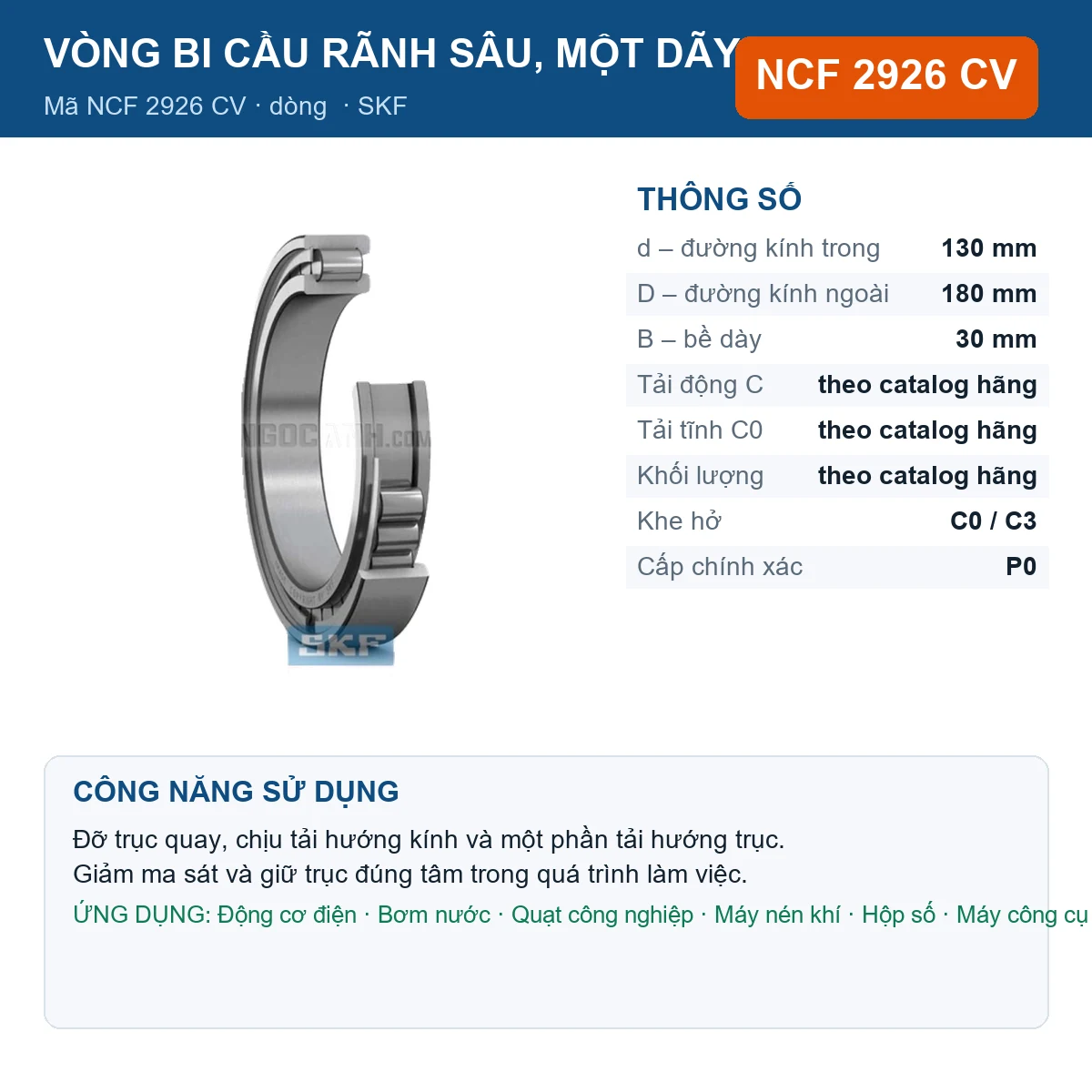 Vòng bi SKF NCF 2926 CV 130x180x30mm — Ảnh đăng sản phẩm (web)