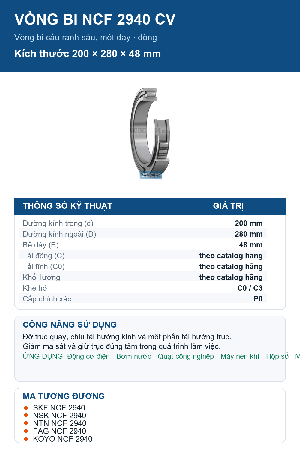 Vòng bi SKF NCF 2940 CV 200x280x48mm — Ảnh thông số (Pinterest)