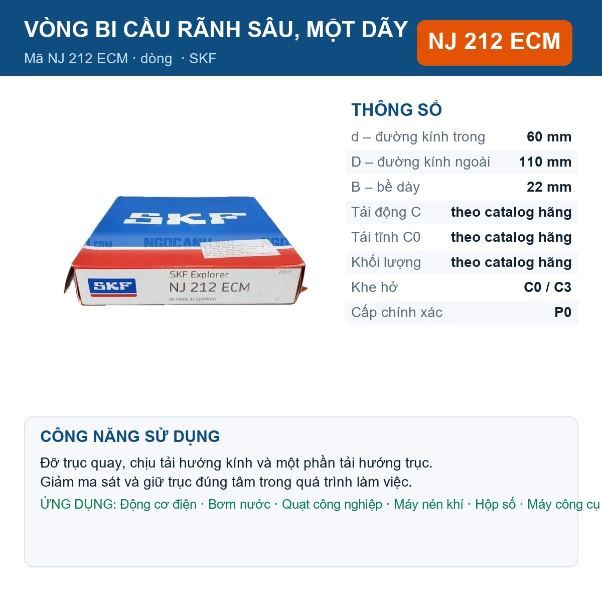 Vòng bi SKF NJ 212 ECM — kích thước 60x110x22mm