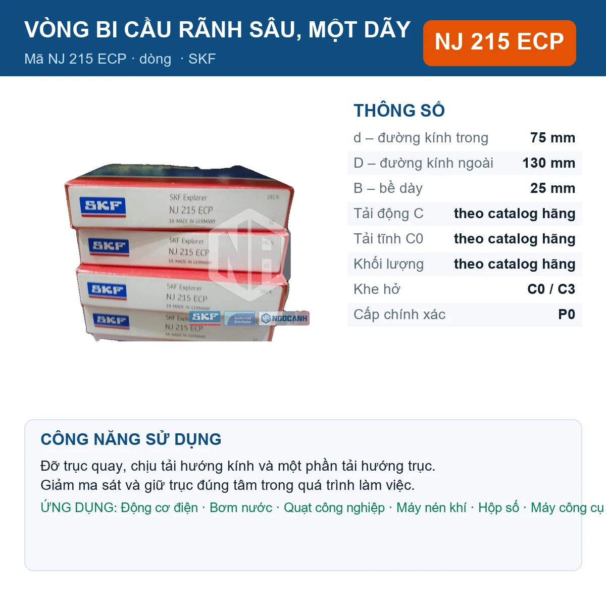 Vòng bi SKF NJ 215 ECP — kích thước 75x130x25mm