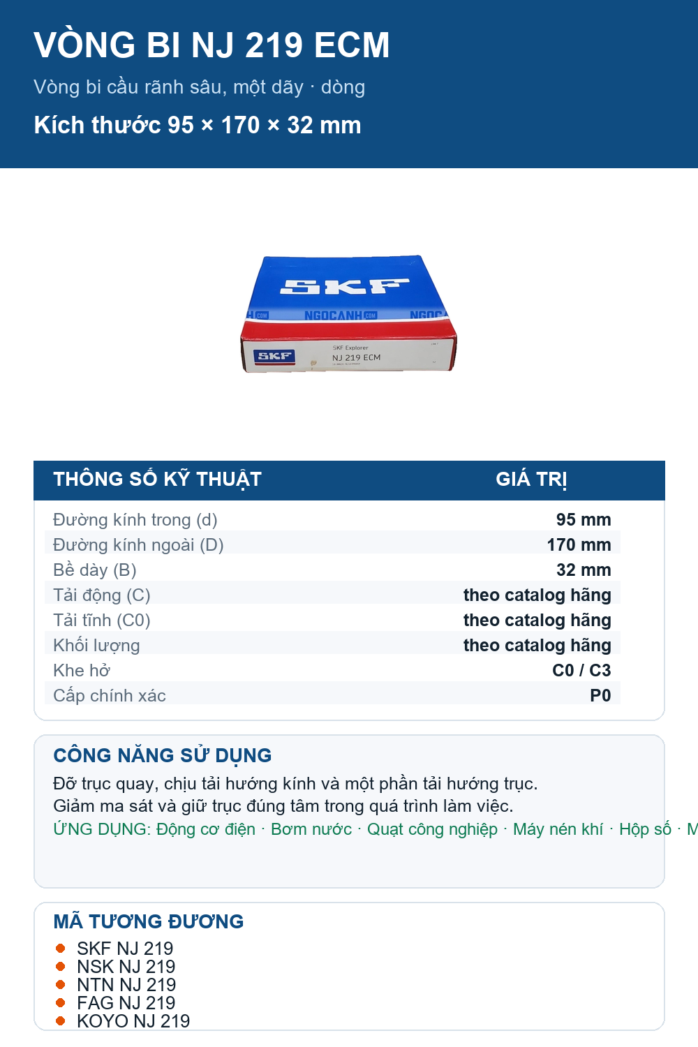 Vòng bi SKF NJ 219 ECM 95x170x32mm — Ảnh thông số (Pinterest)