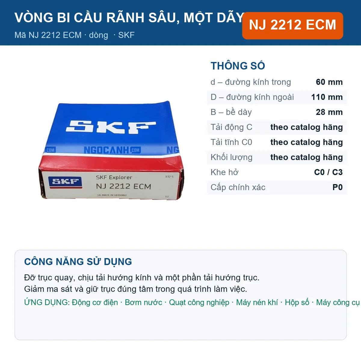 Vòng bi SKF NJ 2212 ECM — kích thước 60x110x28mm