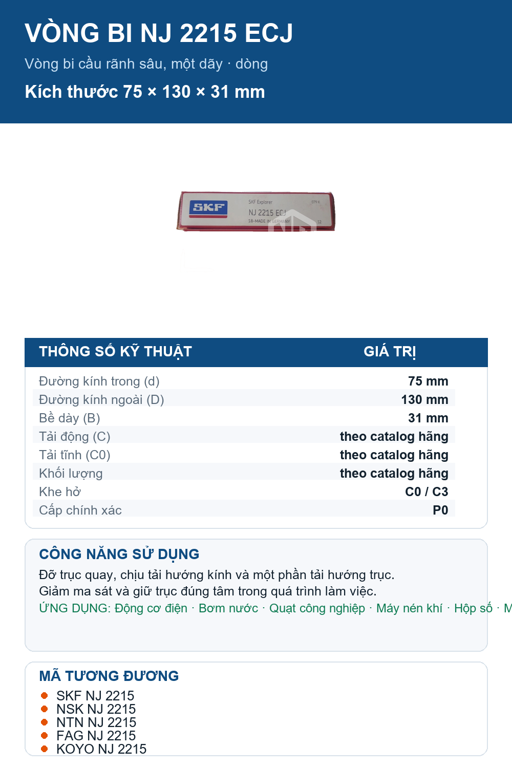 Vòng bi SKF NJ 2215 ECJ 75x130x31mm — Ảnh thông số (Pinterest)