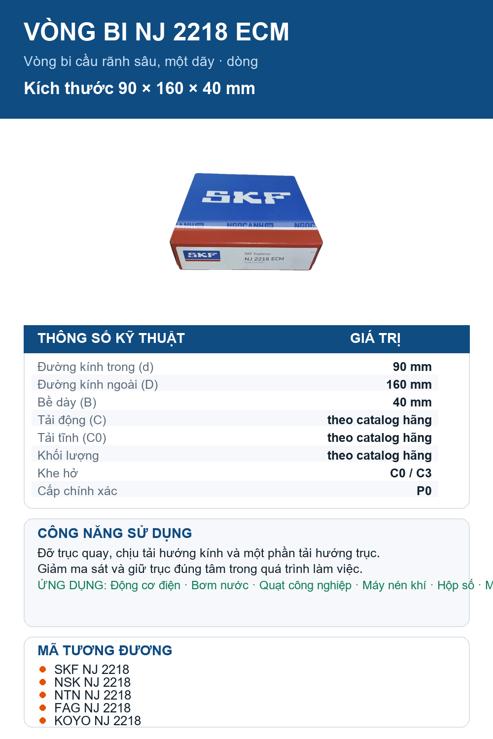 Vòng bi SKF NJ 2218 ECM 90x160x40mm — Ảnh thông số (Pinterest)