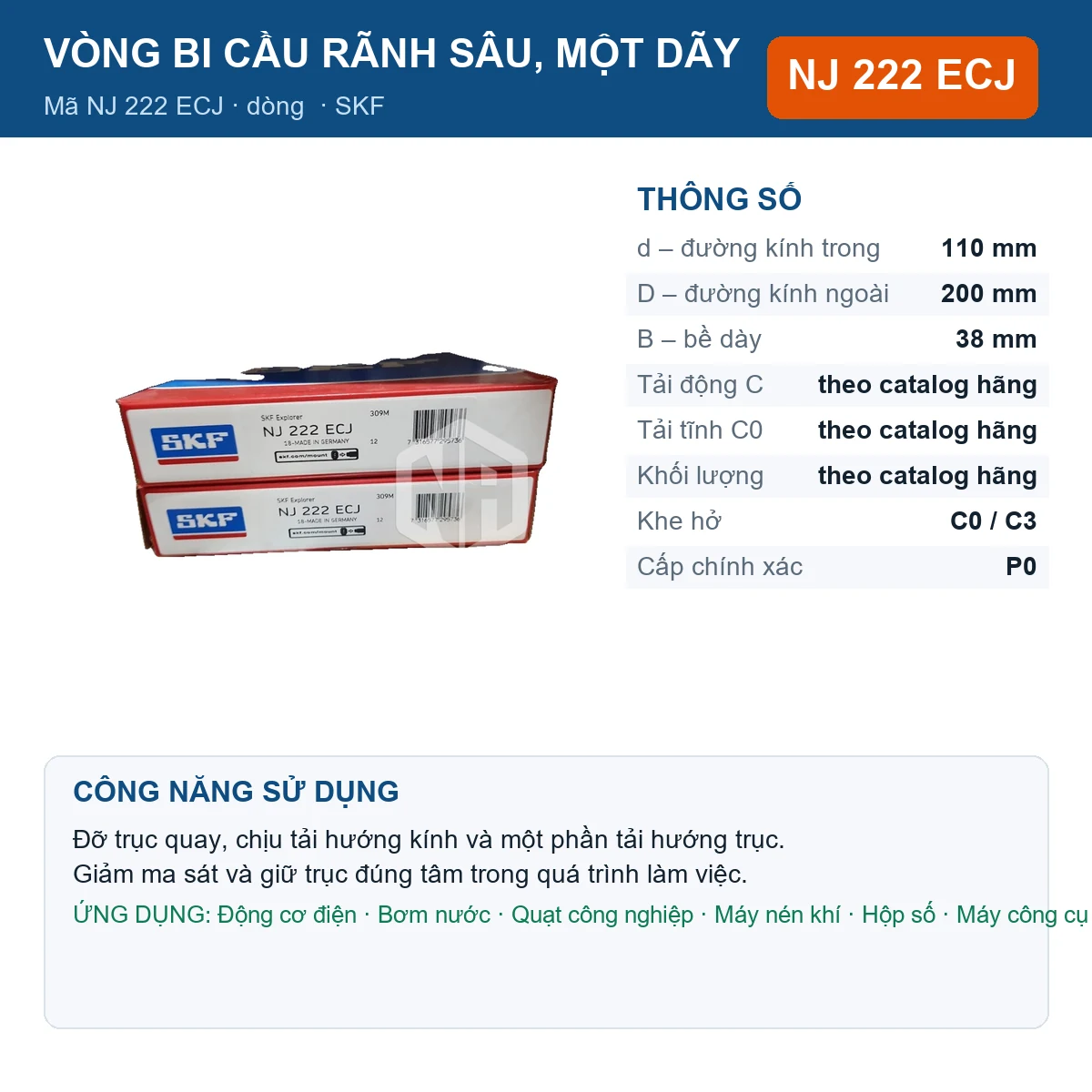 Vòng bi SKF NJ 222 ECJ 110x200x38mm — Ảnh đăng sản phẩm (web)