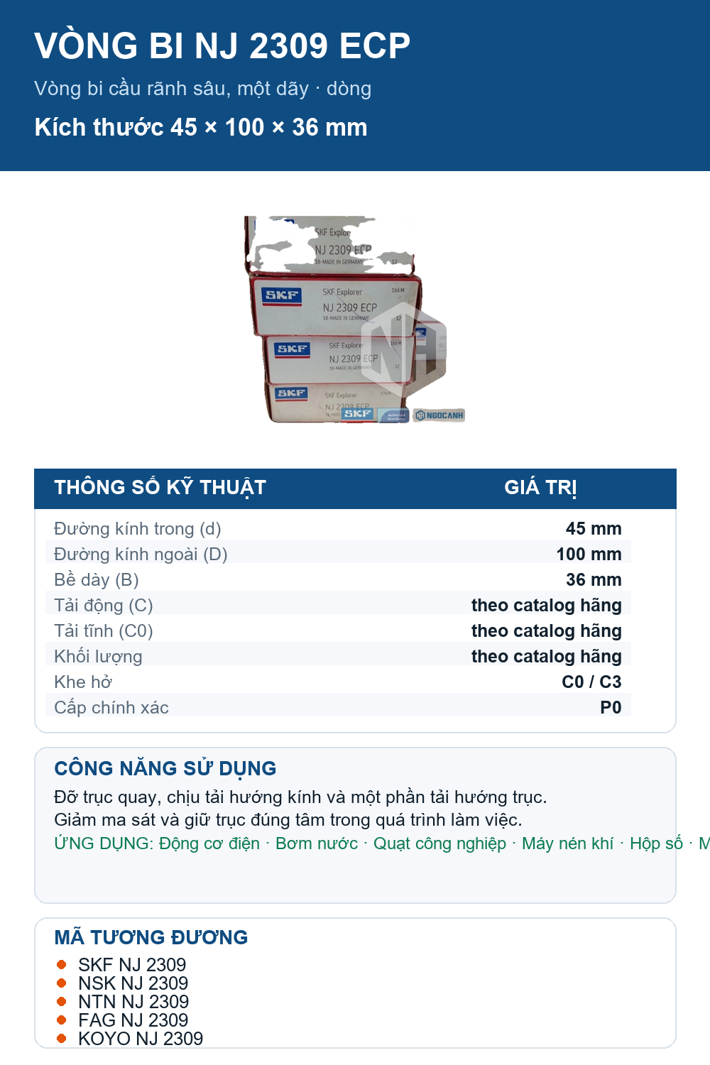 Vòng bi SKF NJ 2309 ECP 45x100x36mm — Ảnh thông số (Pinterest)