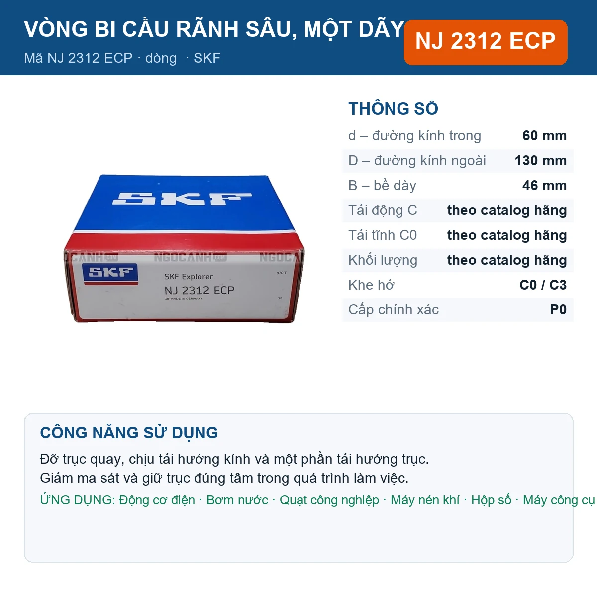 Vòng bi SKF NJ 2312 ECP — kích thước 60x130x46mm