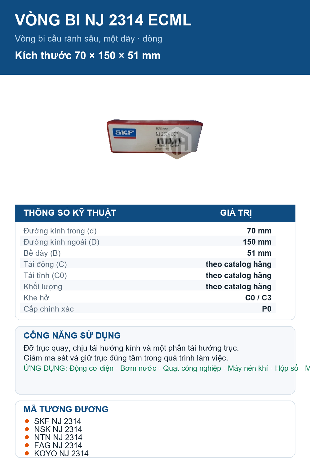 Vòng bi SKF NJ 2314 ECML 70x150x51mm — Ảnh thông số (Pinterest)