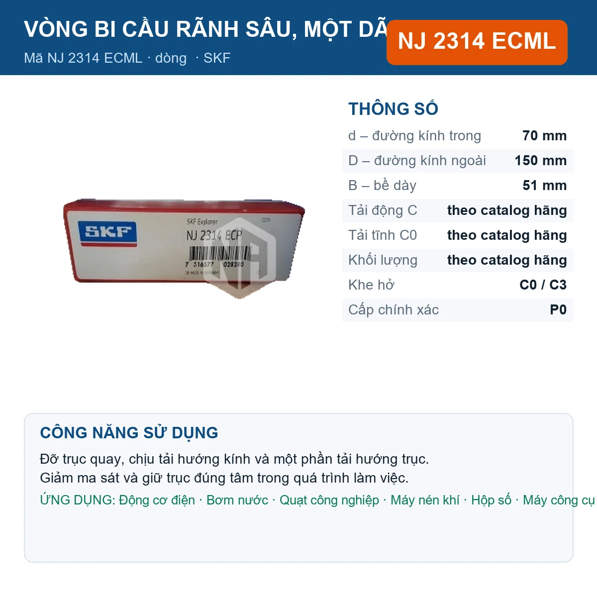 Vòng bi SKF NJ 2314 ECML — kích thước 70x150x51mm