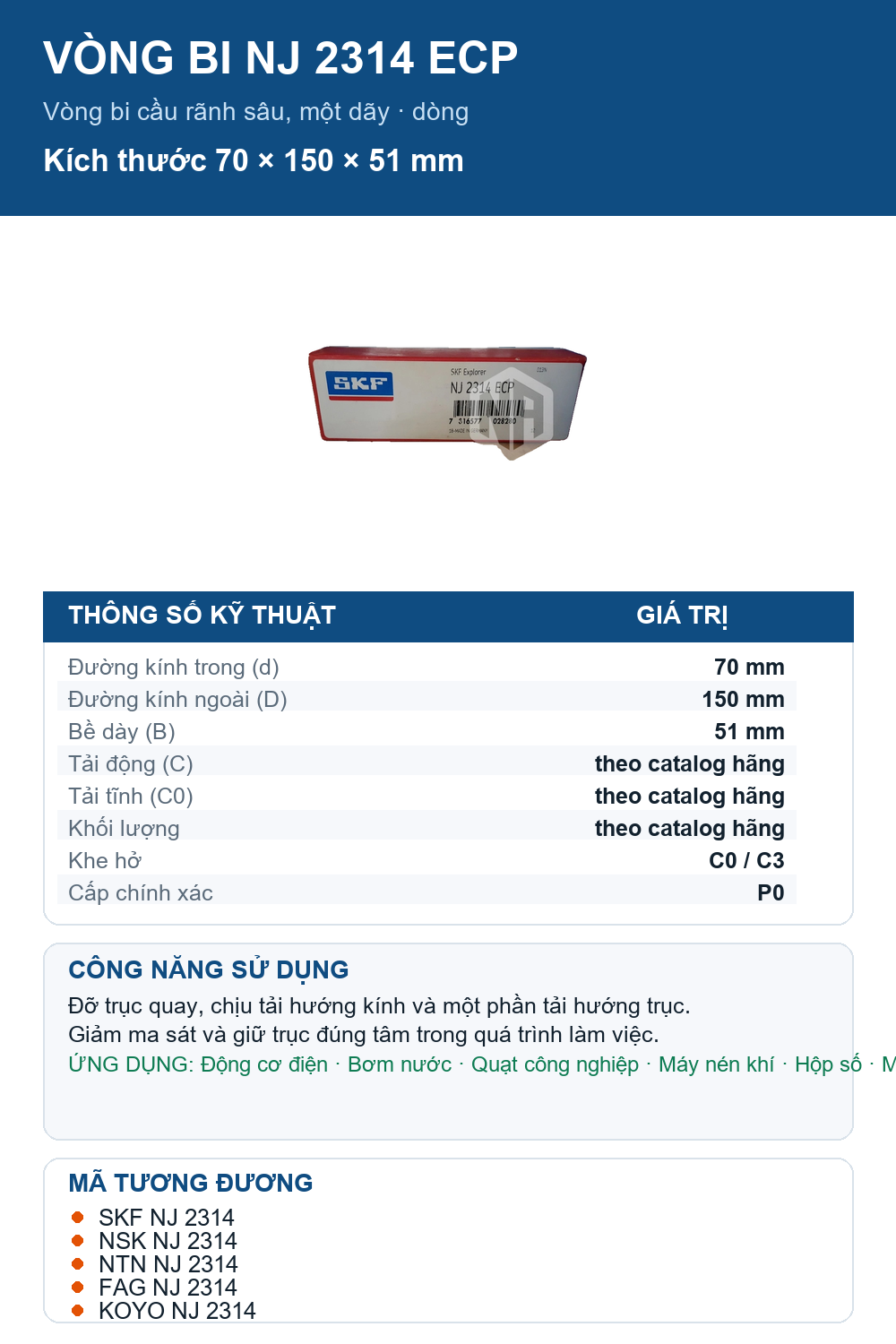 Vòng bi SKF NJ 2314 ECP 70x150x51mm — Ảnh thông số (Pinterest)
