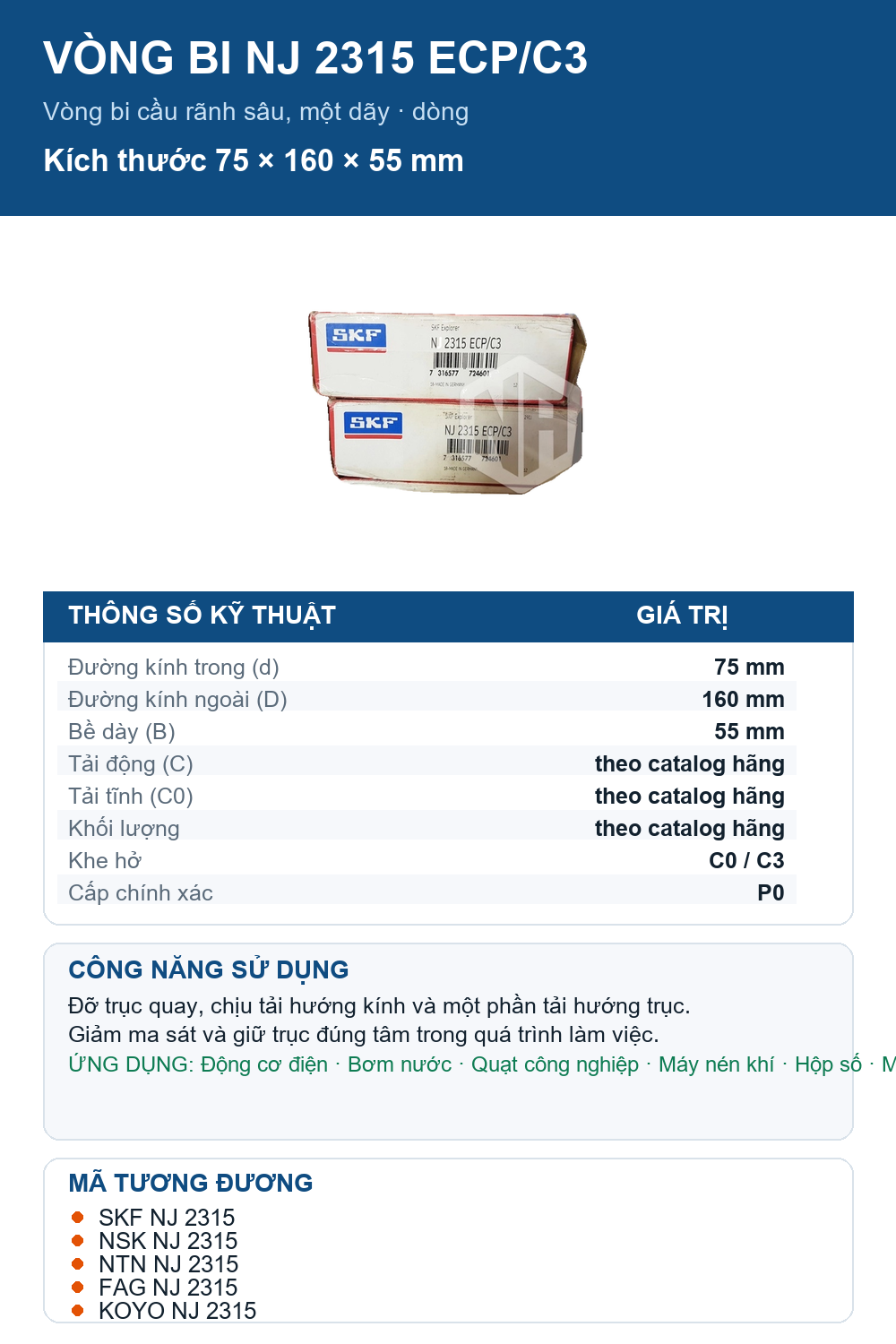 Vòng bi SKF NJ 2315 ECP/C3 75x160x55mm — Ảnh thông số (Pinterest)